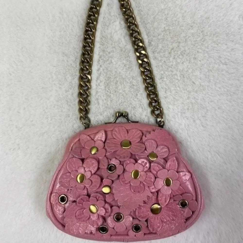 Isabella Fiore Pink Leather Chain Mini Bag w/Floral Appliques MSRP $158. - Picture 1 of 10